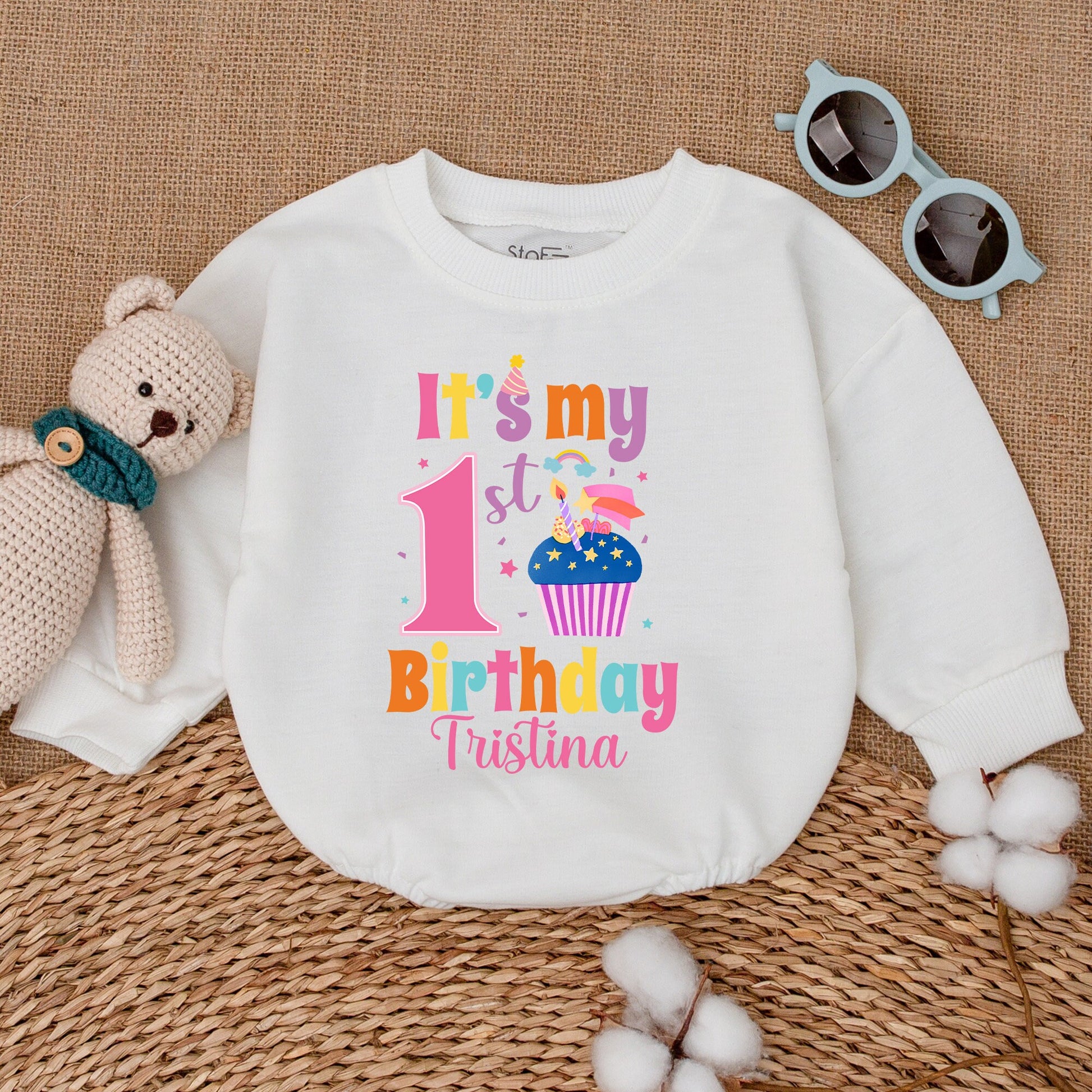 Personalized First Birthday Baby Girl Bubble Romper Sweet Cupcake Design Smash Cake Outfit Summer Celebration Comfortable Gift