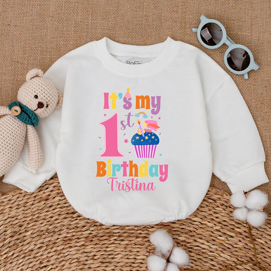 Personalized First Birthday Baby Girl Bubble Romper Sweet Cupcake Design Smash Cake Outfit Summer Celebration Comfortable Gift