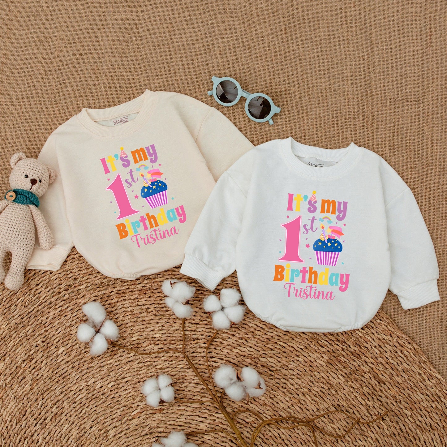 Personalized First Birthday Baby Girl Bubble Romper Sweet Cupcake Design Smash Cake Outfit Summer Celebration Comfortable Gift