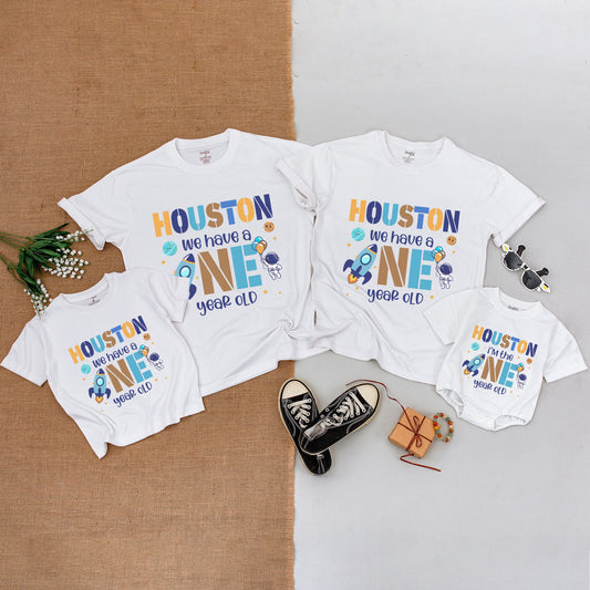 Houston We Have a One Year Old Outer Space 1st Birthday Shirt Matching Family Outfit Baby Romper Blue Gold Astronaut Planets Galaxy Theme