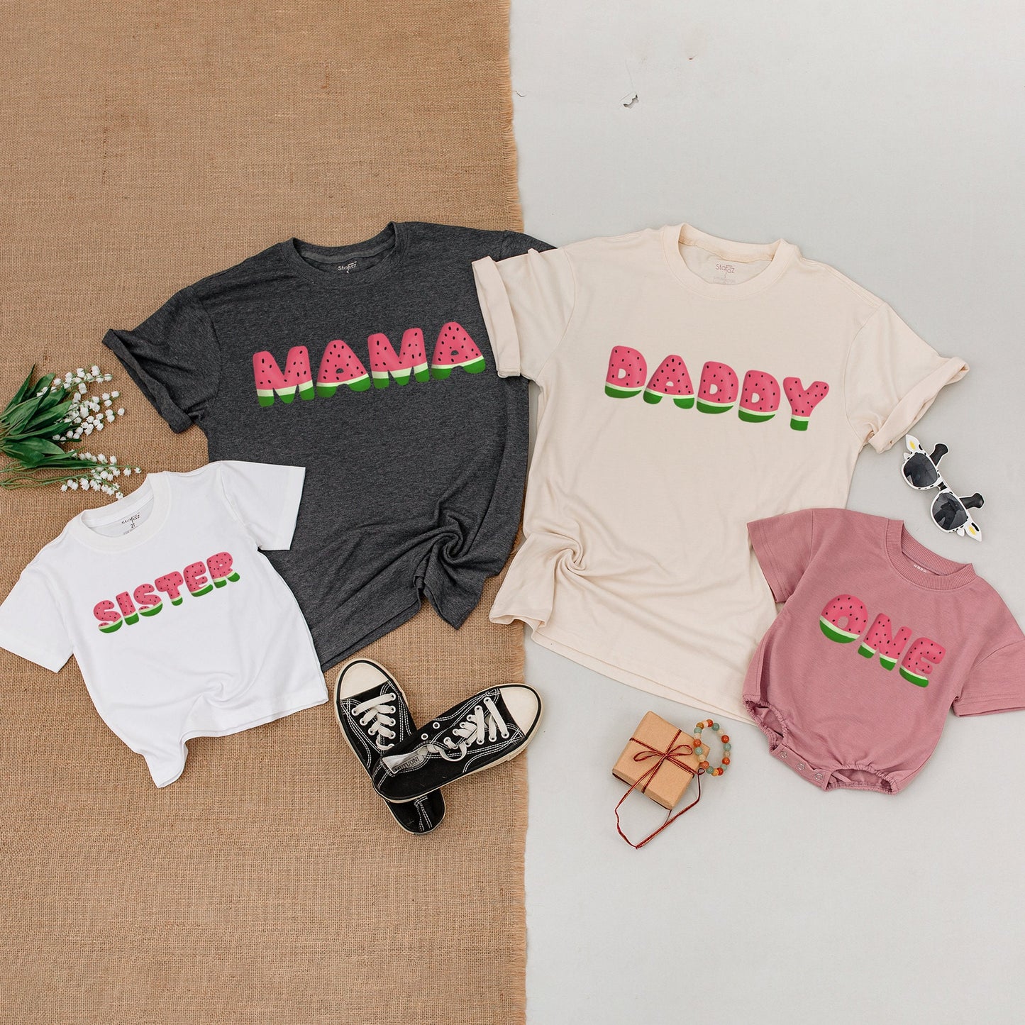 Watermelon One in a Melon Family Matching Shirts First Birthday Bodysuit Mom Dad Baby Kid Outfits with Cheerful Playful Slice Print Design Comfortable Summer Wear