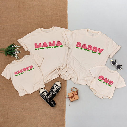 Watermelon One in a Melon Family Matching Shirts First Birthday Bodysuit Mom Dad Baby Kid Outfits with Cheerful Playful Slice Print Design Comfortable Summer Wear