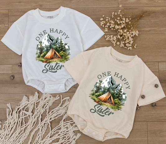 One Happy Sister Baby Romper with Mountain Camping Design Newborn Bodysuit First Birthday Gift Big Sister Rustic Summer Adventure Outfit
