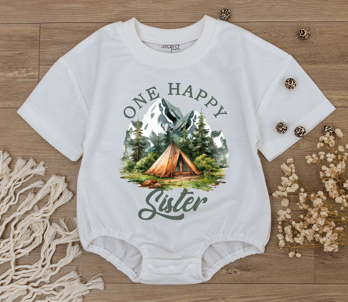 One Happy Sister Baby Romper with Mountain Camping Design Newborn Bodysuit First Birthday Gift Big Sister Rustic Summer Adventure Outfit