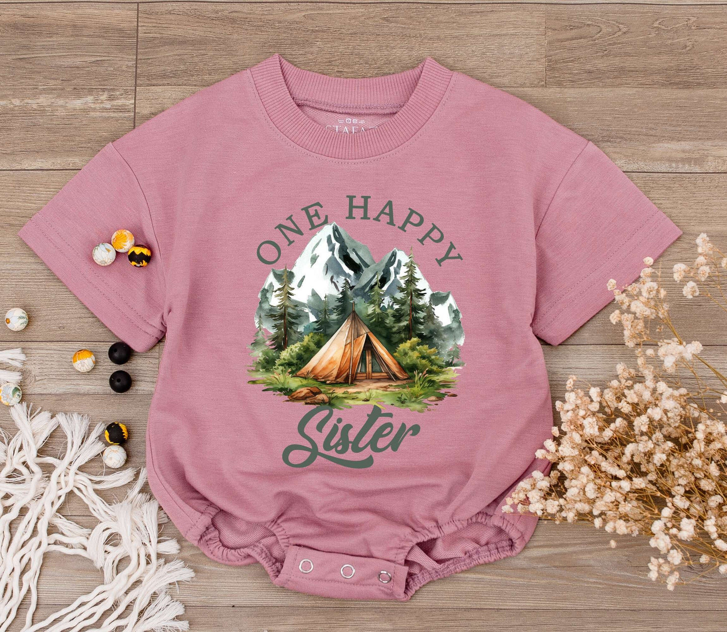 One Happy Sister Baby Romper with Mountain Camping Design Newborn Bodysuit First Birthday Gift Big Sister Rustic Summer Adventure Outfit