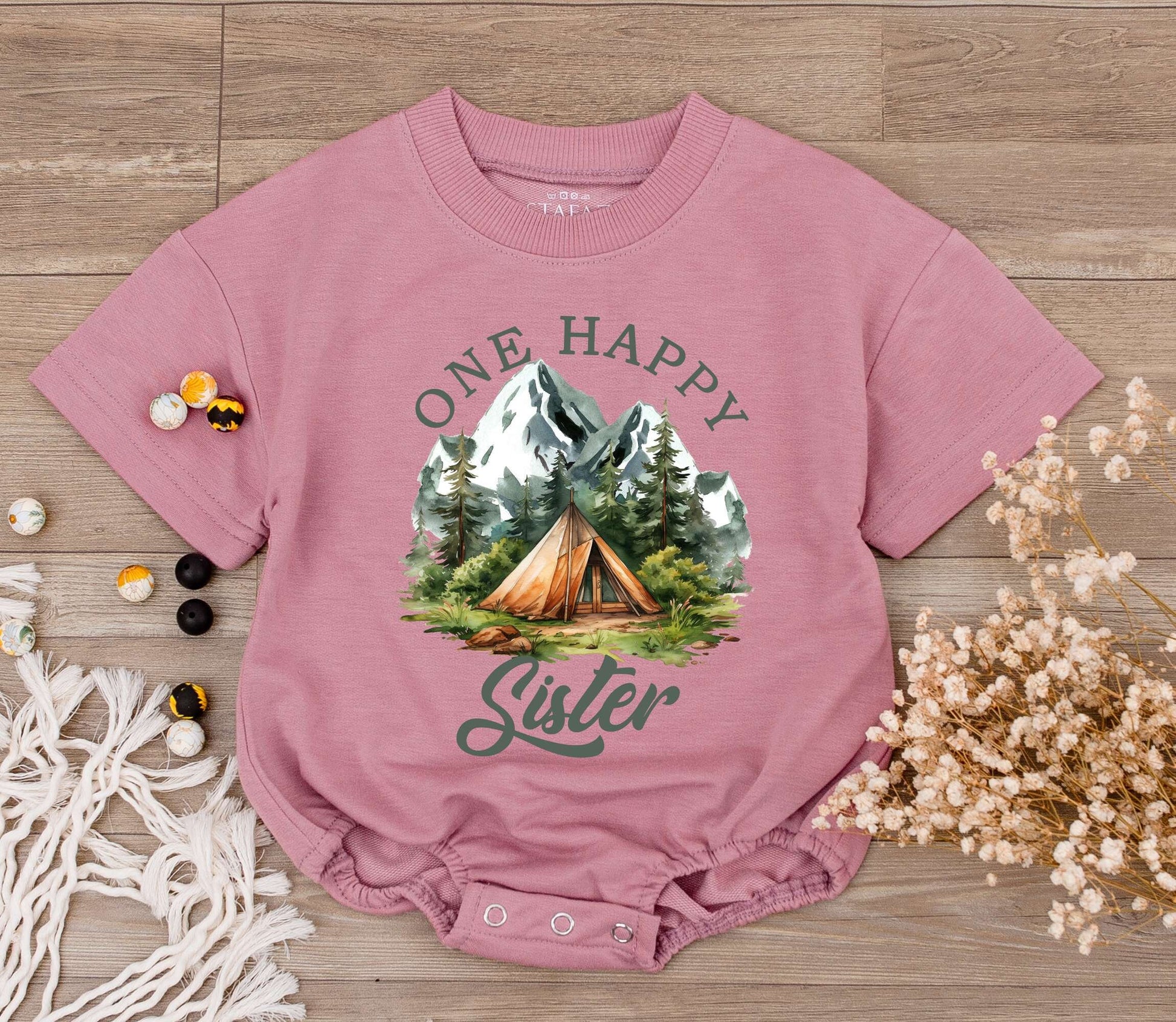 One Happy Sister Baby Romper with Mountain Camping Design Newborn Bodysuit First Birthday Gift Big Sister Rustic Summer Adventure Outfit