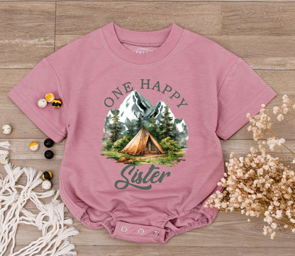 One Happy Sister Baby Romper with Mountain Camping Design Newborn Bodysuit First Birthday Gift Big Sister Rustic Summer Adventure Outfit