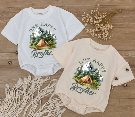 One Happy Camper Brother Romper Newborn Bodysuit First Birthday Outfit Baby Shower Gift Summer Camp Adventure Party Clothes Cute Boy Toddler Tee