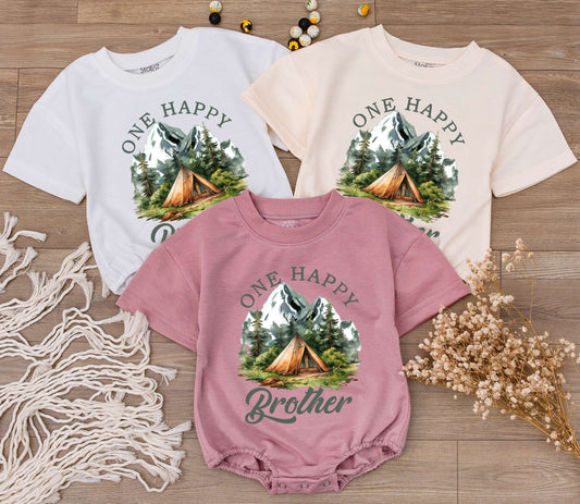 One Happy Camper Brother Romper Newborn Bodysuit First Birthday Outfit Baby Shower Gift Summer Camp Adventure Party Clothes Cute Boy Toddler Tee