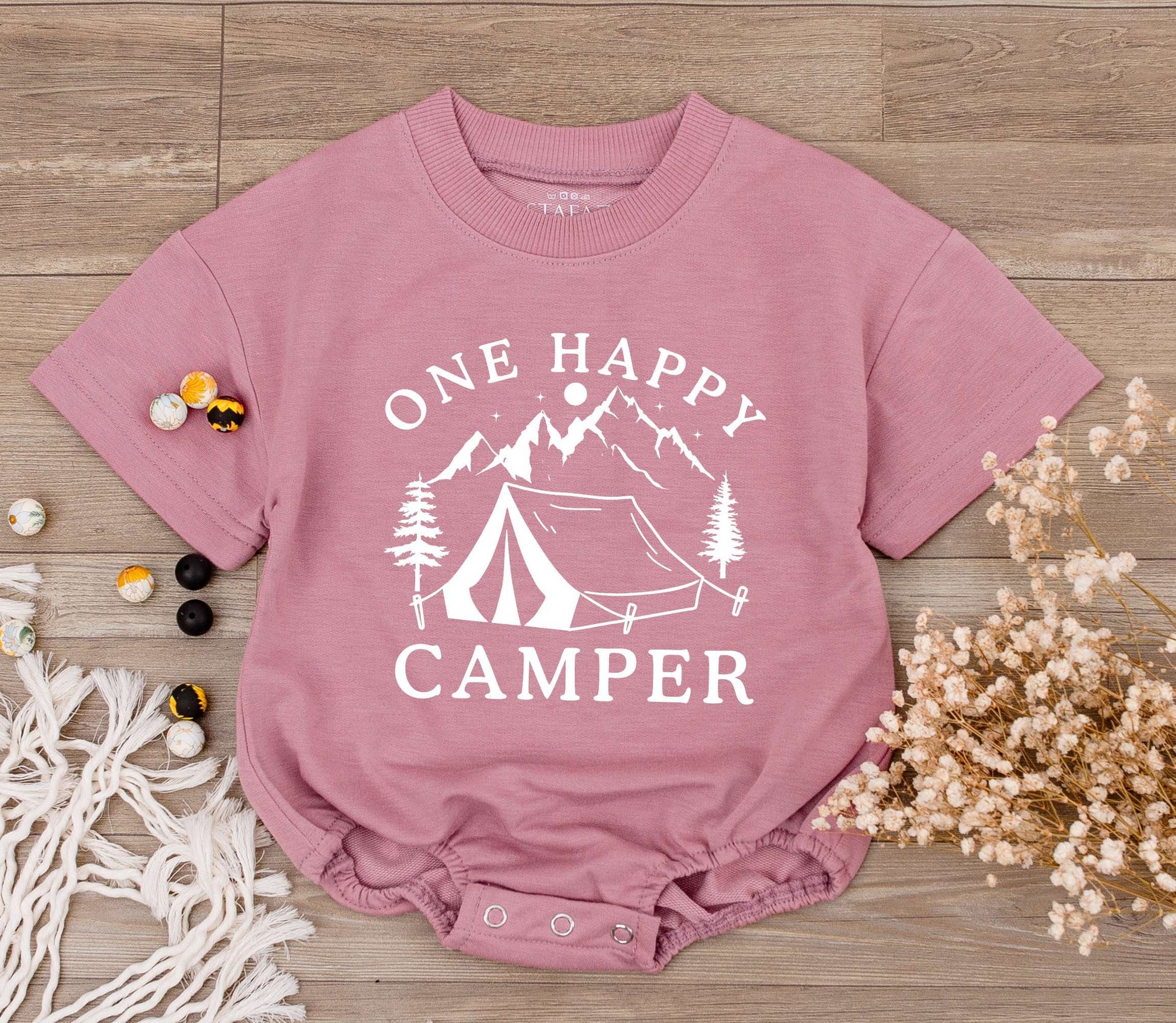 One Happy Camper Baby Romper: Muted Green Camping Design Newborn Bodysuit, 1st Birthday Outfit, Summer Party Clothes, Baby Shower Gift