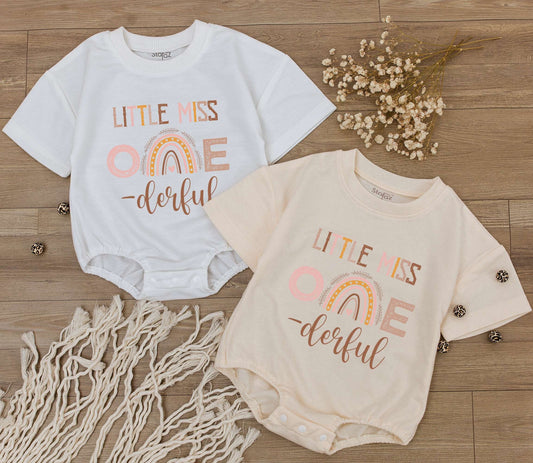 Little Miss ONE-derful Birthday Outfit Girl, Boho Rainbow Romper, First Birthday Cake Smash, Aunt Niece Gift, Muted Earth Tones, Playful Boho Style (140 chars)