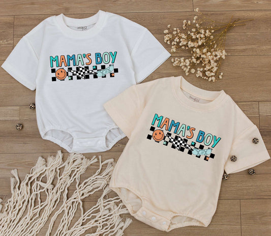 Mama's Boy Retro Baby Romper with Playful Checkerboard Smiley Face Skateboard Design in Teal Orange for Little Boys Soft Cotton Outfit