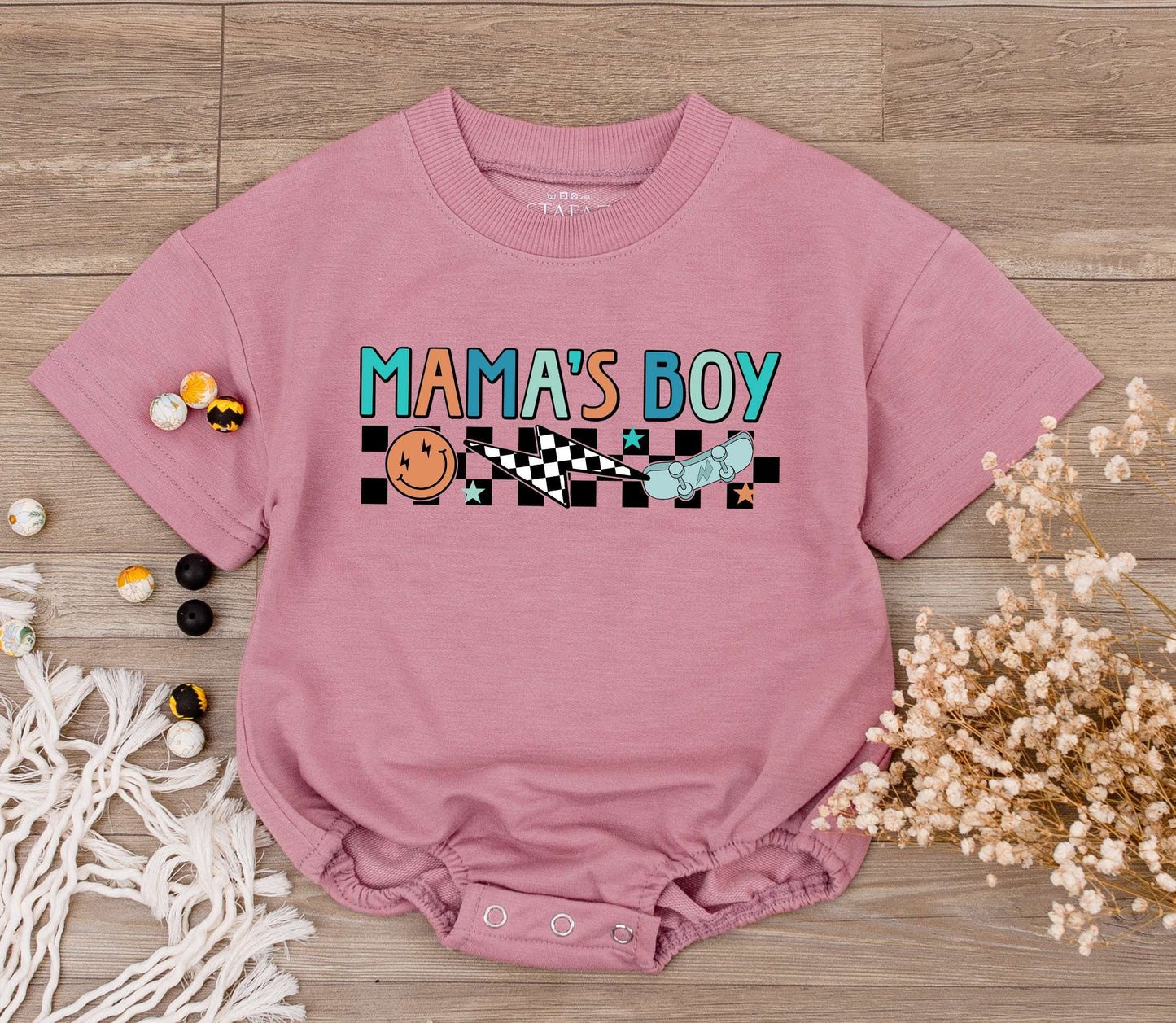 Mama's Boy Retro Baby Romper with Playful Checkerboard Smiley Face Skateboard Design in Teal Orange for Little Boys Soft Cotton Outfit