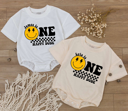 James/Lyla is ONE Happy Dude Birthday Bodysuit Yellow Smiley Face Lightning Eyes Checkerboard Retro Vintage Baby Clothes First Birthday Gift