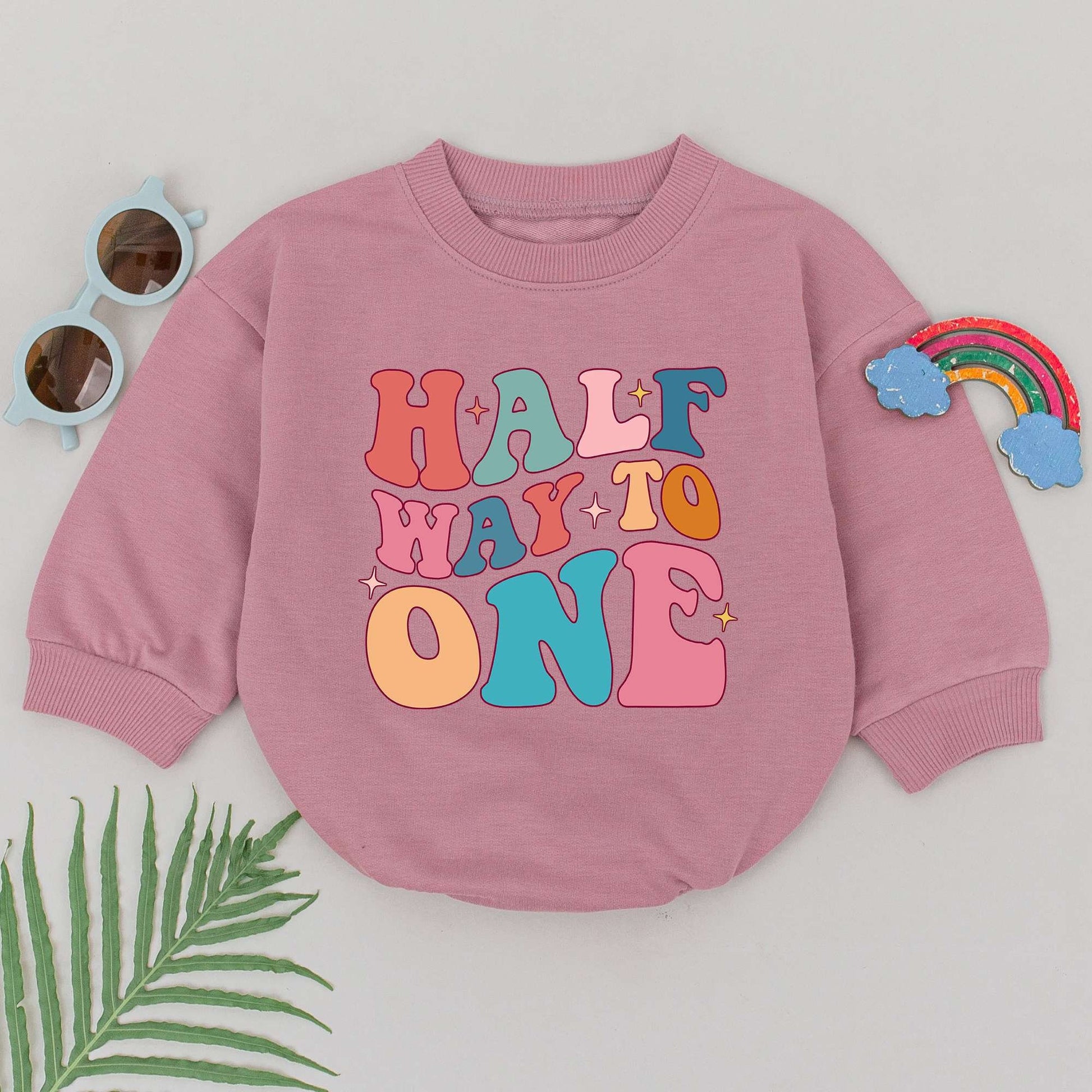 Half Way To One Romper Groovy Half Birthday Baby Girl Boy Outfit Retro Pastel Starburst Celebration Gift Soft Cotton Newborn Clothes