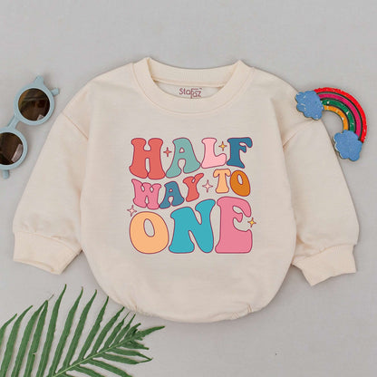 Half Way To One Romper Groovy Half Birthday Baby Girl Boy Outfit Retro Pastel Starburst Celebration Gift Soft Cotton Newborn Clothes