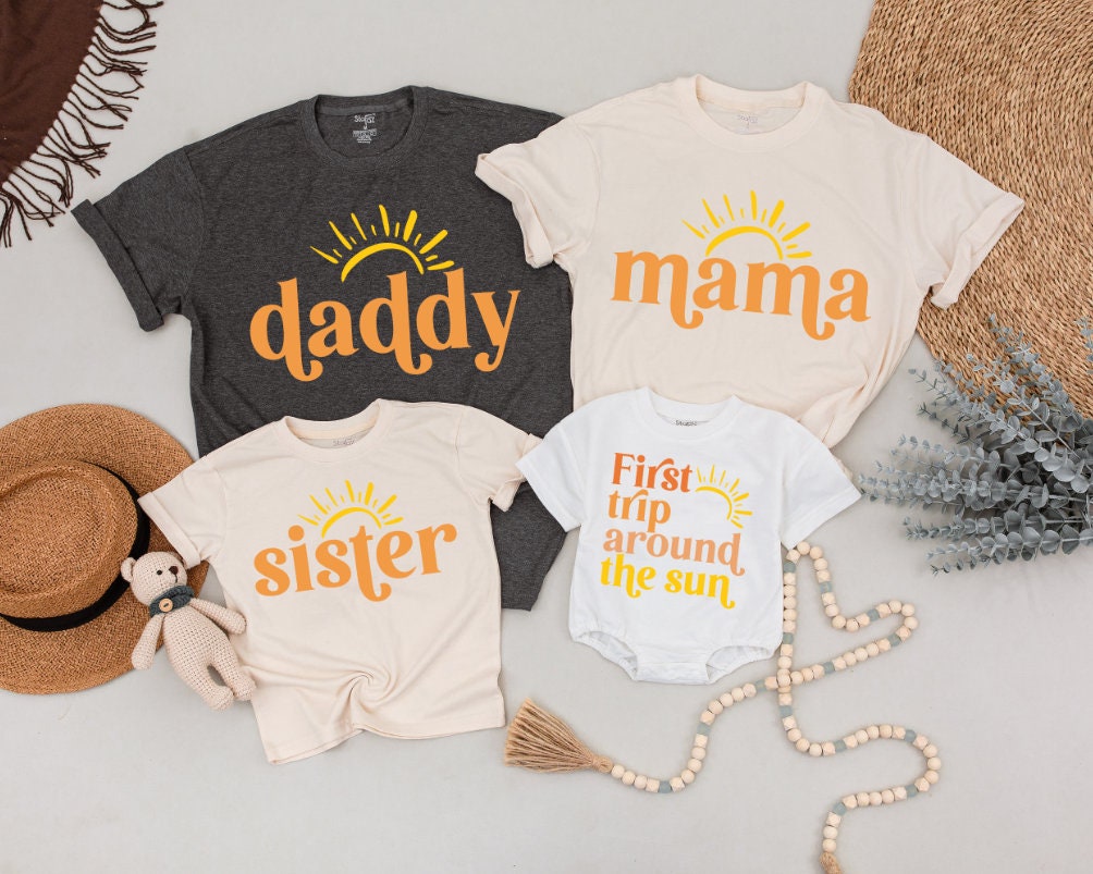First Trip Around The Sun Birthday Outfit for Baby Boy Girl, Boho Sunshine Mommy and Me Shirts for First Birthday Party Celebration