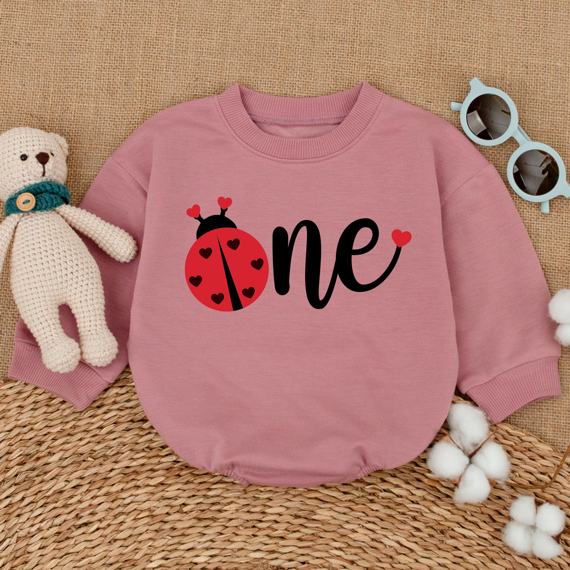 Baby Girl Cute Red Ladybug One First Birthday Romper Bodysuit Outfit with Black Hearts Design Comfortable Soft Sweatshirt Style