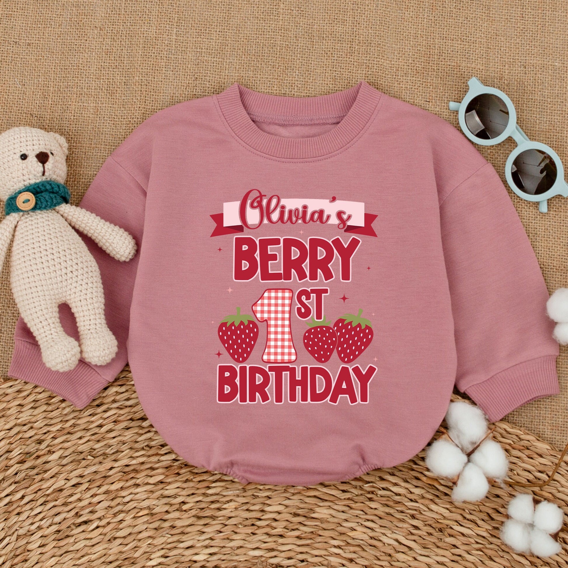 Personalized Berry 1st Birthday Romper for Baby Girl with Strawberry Gingham Design Bubble Bodysuit Smash Cake Outfit Shower Gift