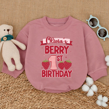 Personalized Berry 1st Birthday Romper for Baby Girl with Strawberry Gingham Design Bubble Bodysuit Smash Cake Outfit Shower Gift