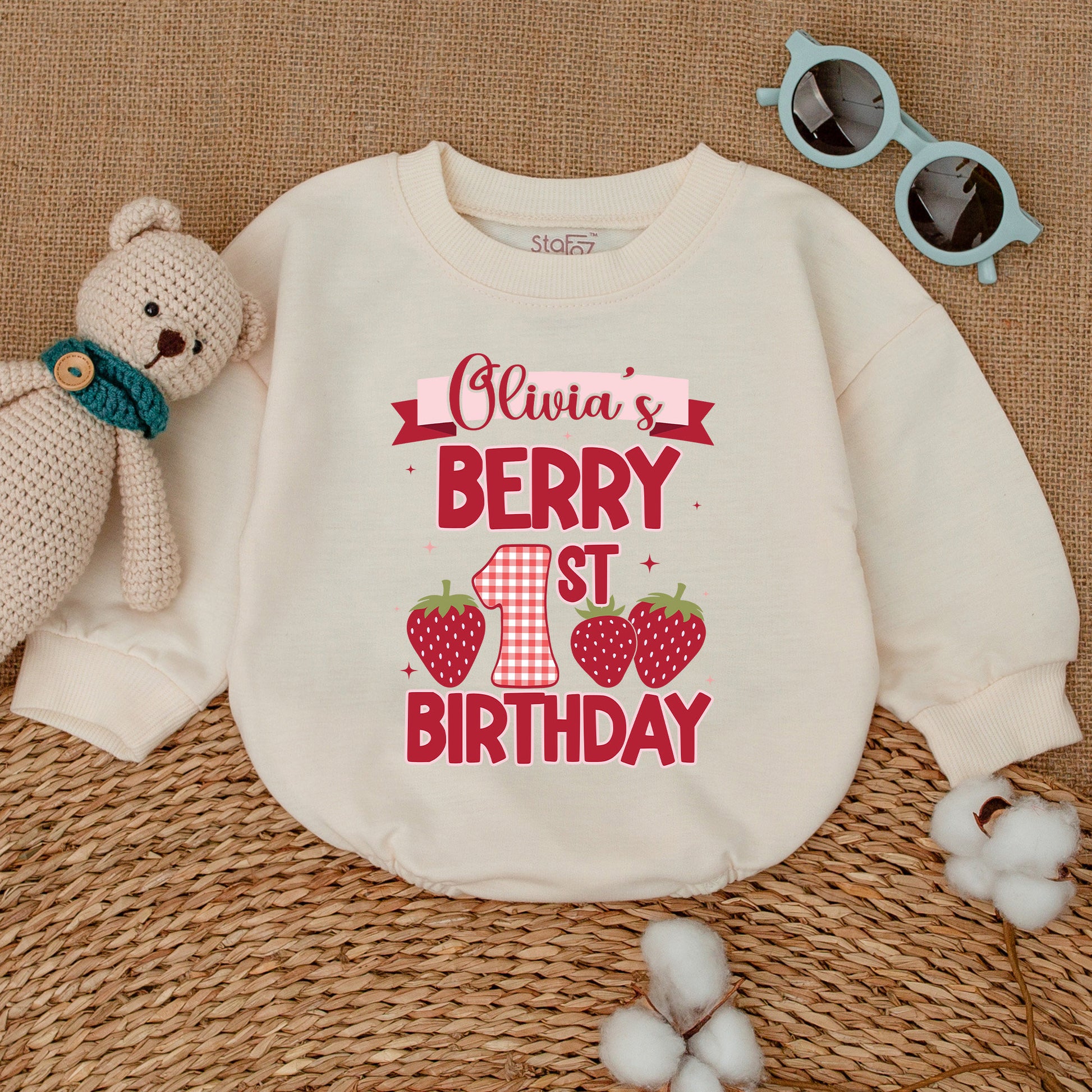 Personalized Berry 1st Birthday Romper for Baby Girl with Strawberry Gingham Design Bubble Bodysuit Smash Cake Outfit Shower Gift