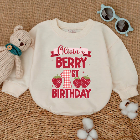 Personalized Berry 1st Birthday Romper for Baby Girl with Strawberry Gingham Design Bubble Bodysuit Smash Cake Outfit Shower Gift