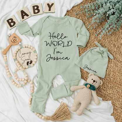 Personalized Baby Girl Coming Home Outfit Hello World I'm Jessica Bodysuit & Hat Set Newborn Shower Gift Minimalist Cursive Style
