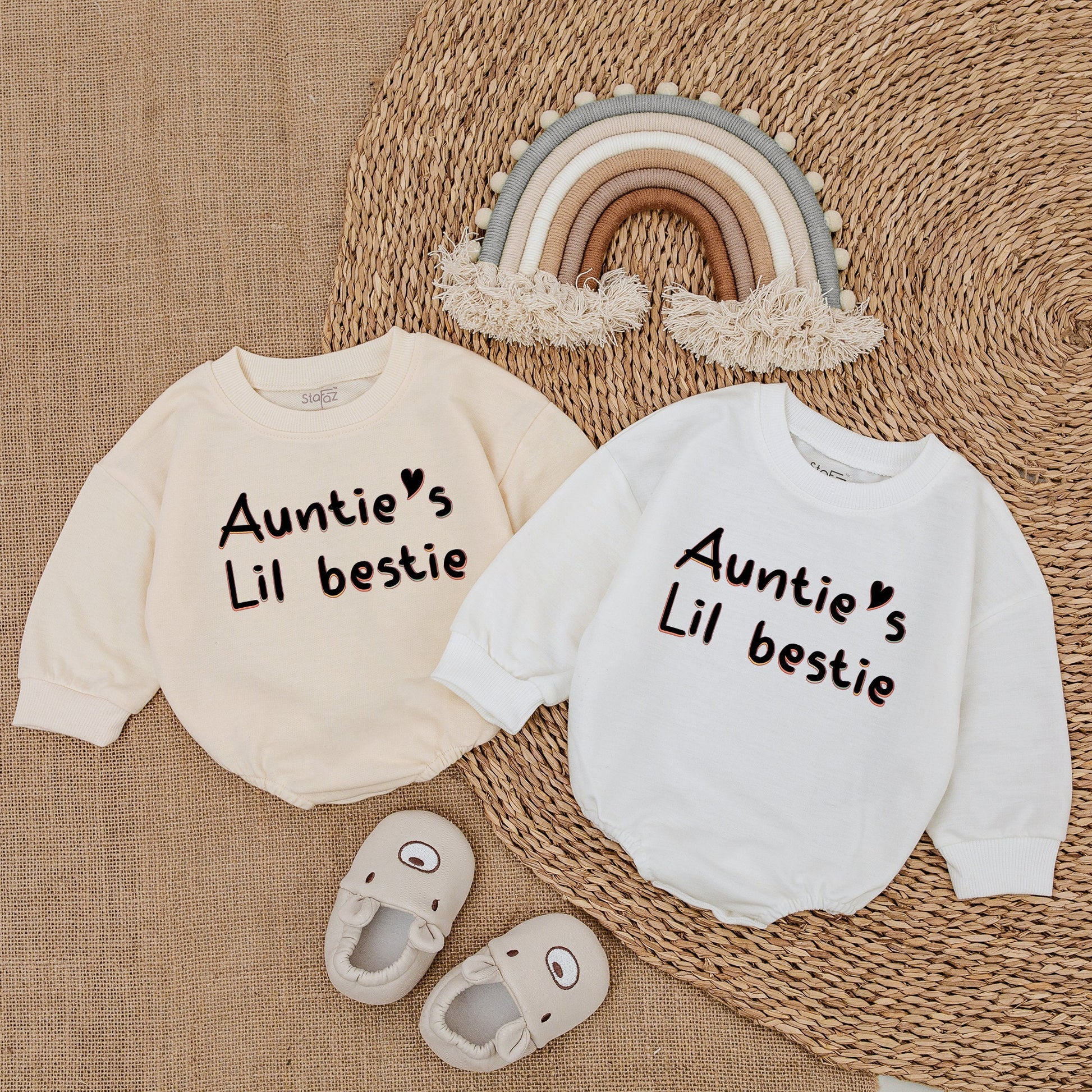 Auntie's Lil Bestie Baby Romper Newborn Gift Cute Whimsical Outfit Black Orange Pink Heart Infant Bodysuit Clothes Pregnancy Announcement