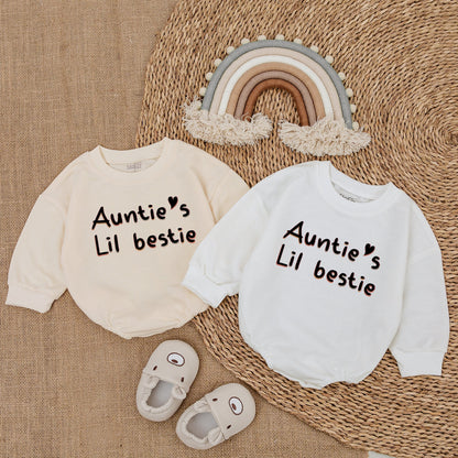 Auntie's Lil Bestie Baby Romper Newborn Gift Cute Whimsical Outfit Black Orange Pink Heart Infant Bodysuit Clothes Pregnancy Announcement