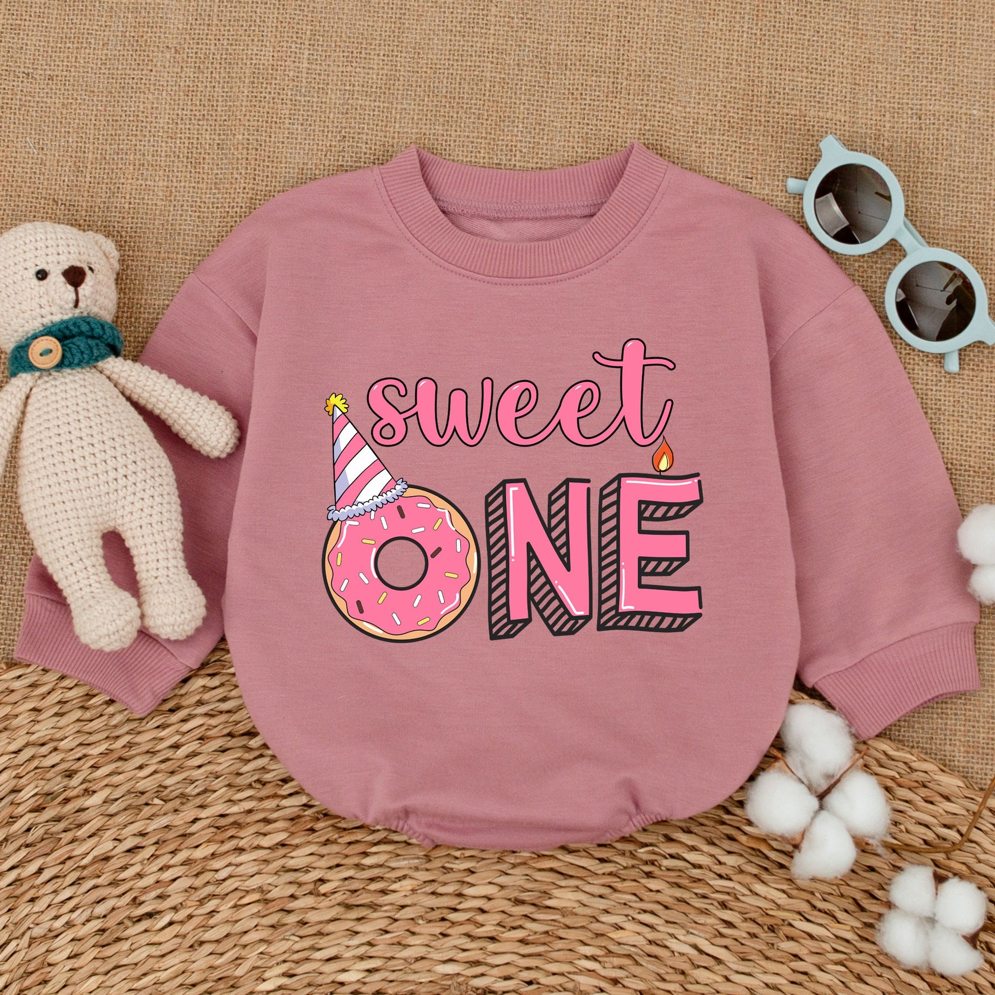 Sweet One Donut First Birthday Girl Romper Bodysuit Whimsical Pink Outfit Smash Cake Party Celebration Bubble Romper Baby Shower Gift