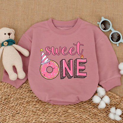 Sweet One Donut First Birthday Girl Romper Bodysuit Whimsical Pink Outfit Smash Cake Party Celebration Bubble Romper Baby Shower Gift
