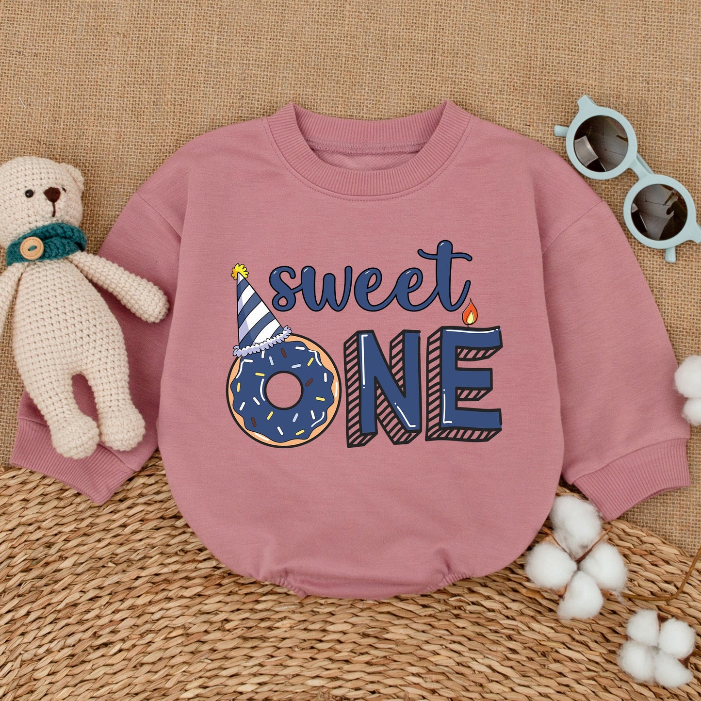 Sweet One Blue Donut Boy Romper First Birthday Outfit Smash Cake Baby Bodysuit Donut Grow Up Party Celebration Gift Cute Design