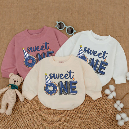 Sweet One Blue Donut Boy Romper First Birthday Outfit Smash Cake Baby Bodysuit Donut Grow Up Party Celebration Gift Cute Design