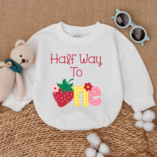 Strawberry Half Way To One Baby Romper Whimsical Six Month 1/2 Birthday Bodysuit Cheerful Red Strawberry Gingham Polka Dot Girls Celebration Outfit Baby Shower Gift