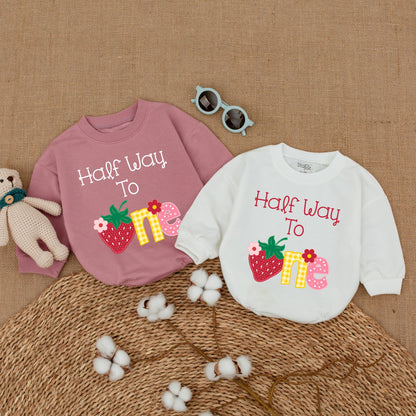 Strawberry Half Way To One Baby Romper Whimsical Six Month 1/2 Birthday Bodysuit Cheerful Red Strawberry Gingham Polka Dot Girls Celebration Outfit Baby Shower Gift