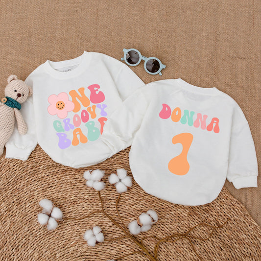 Personalized Groovy Babe 1st Birthday Romper Baby Girl Retro Pastel Flower Smash Cake Bodysuit Custom Name Vintage Style Baby Shower Gift