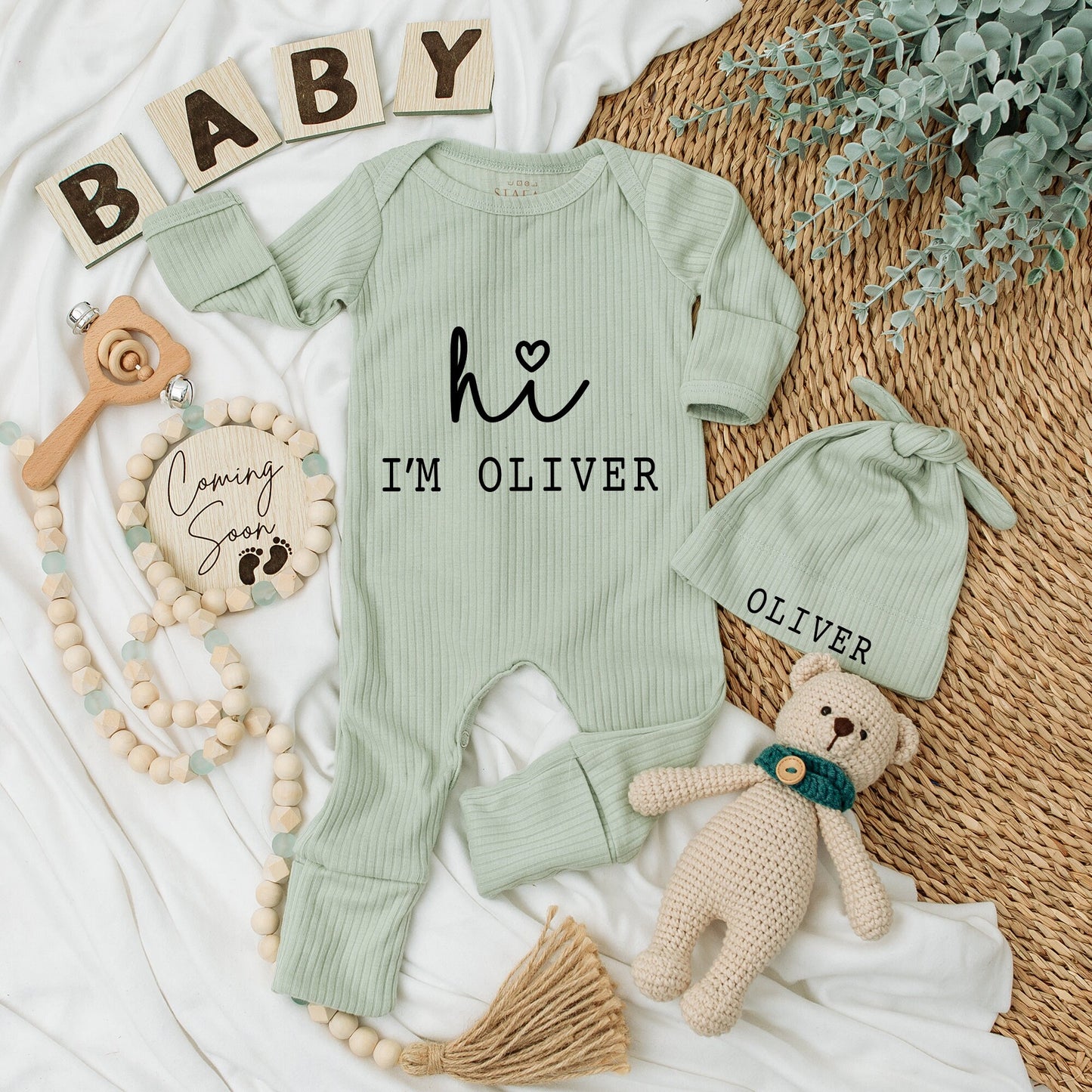 Baby Girl Coming Home Outfit Vintage Hello World Bodysuit and Hat Set Soft Newborn Personalized Baby Shower Gift