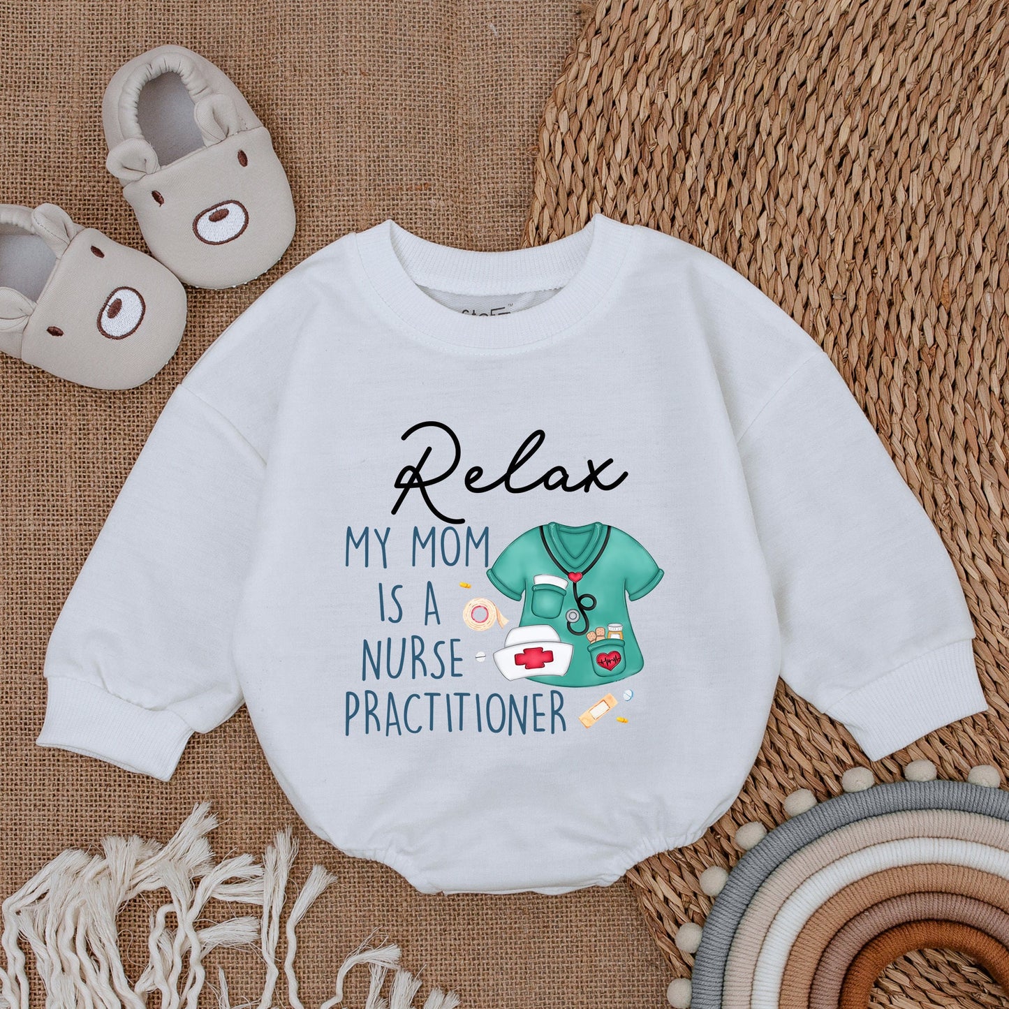 Relax My Mom Is A Nurse Practitioner Baby Romper with Whimsical Scrub Design perfect new baby shower gift for comfortable infant clothing