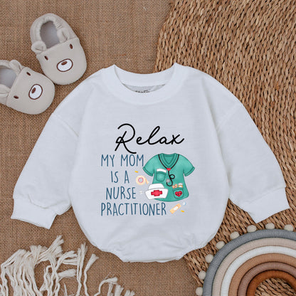 Relax My Mom Is A Nurse Practitioner Baby Romper with Whimsical Scrub Design perfect new baby shower gift for comfortable infant clothing
