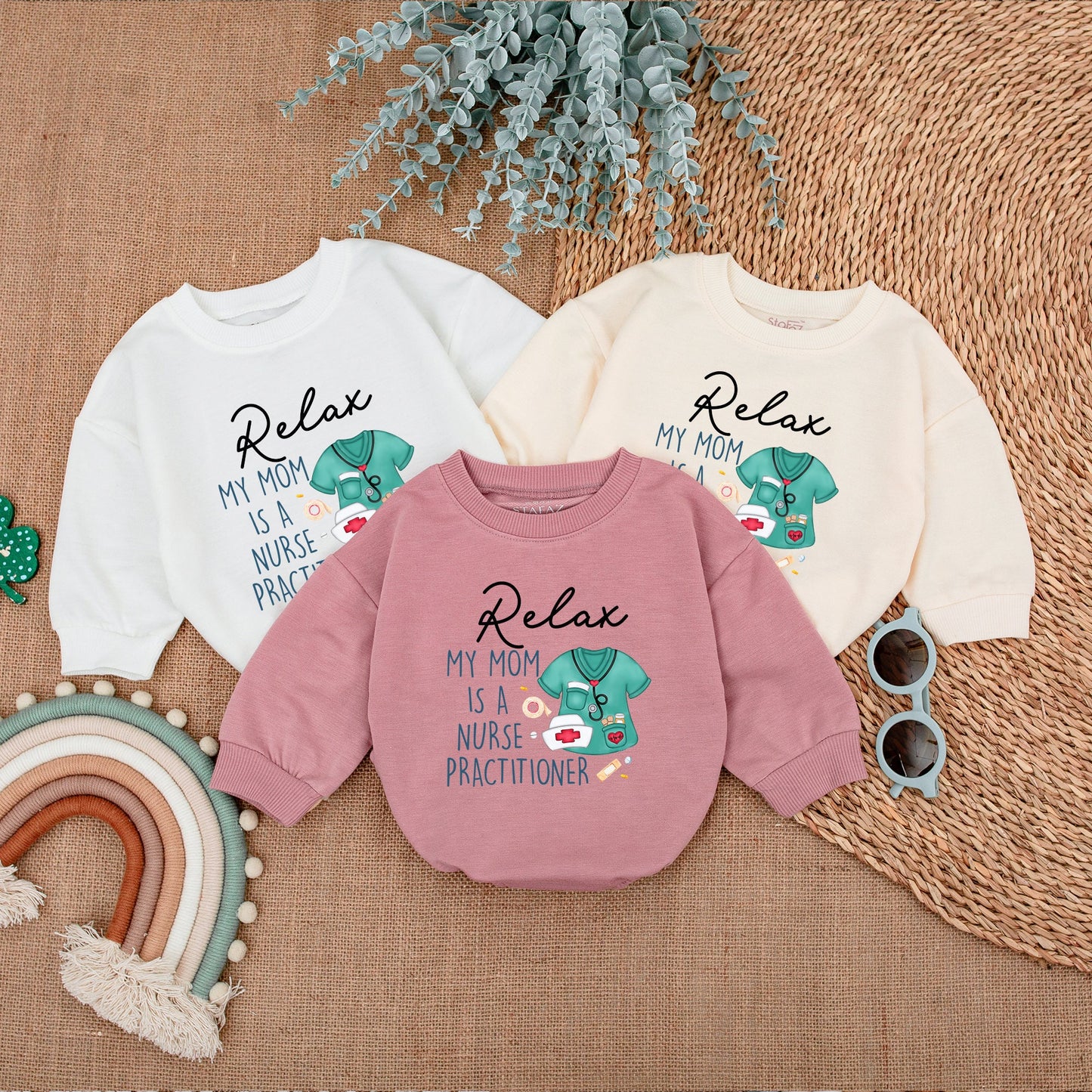 Relax My Mom Is A Nurse Practitioner Baby Romper with Whimsical Scrub Design perfect new baby shower gift for comfortable infant clothing