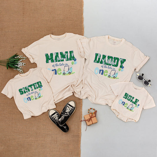 Mommy and Me Matching Golf Hole in One Birthday Family Outfits for First Celebration with Mama Daddy Sister designs natural baby bodysuit golf cart balloons