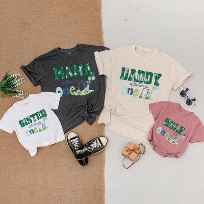 Mommy and Me Matching Golf Hole in One Birthday Family Outfits for First Celebration with Mama Daddy Sister designs natural baby bodysuit golf cart balloons