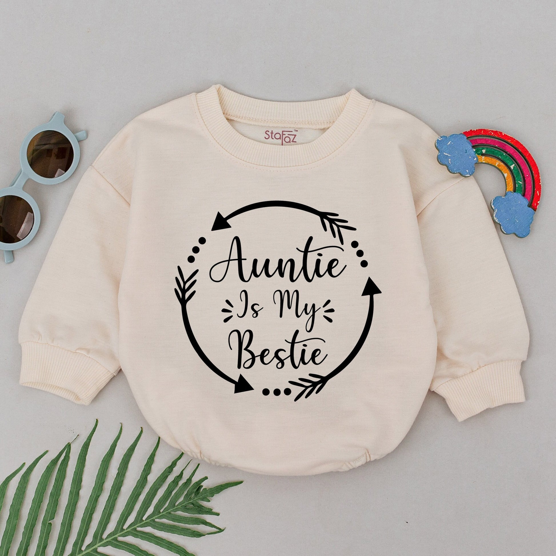 Auntie Is My Bestie Baby Romper New Newborn Outfit Sweet Gift for Auntie Girls Boys Playful Script Design Circular Arrows Dots Baby Announcement Idea