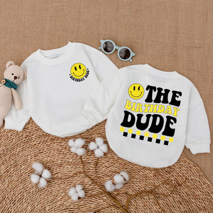 Baby Boy Birthday Dude Romper Smiley Face Lightning Bolt Retro Outfit One Cool Dude Bodysuit Yellow Black White Playful Infant Shower Gift