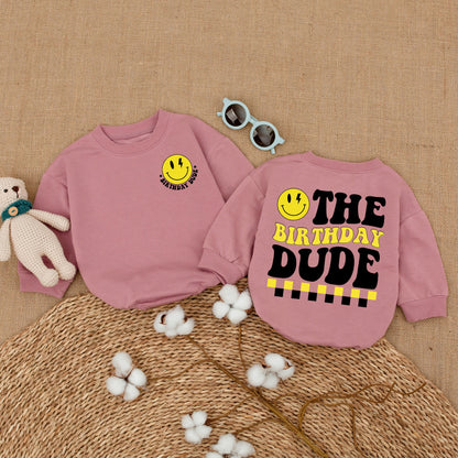 Baby Boy Birthday Dude Romper Smiley Face Lightning Bolt Retro Outfit One Cool Dude Bodysuit Yellow Black White Playful Infant Shower Gift