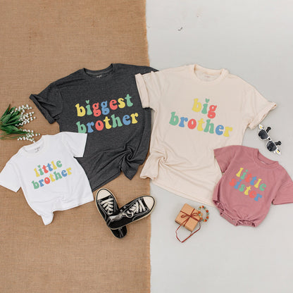 Colorful Retro Sibling Matching Outfits Big Brother Little Sister Baby Bodysuit Shirt Announcement Gift with Playful Hearts & Yellow Green Red Blue Text