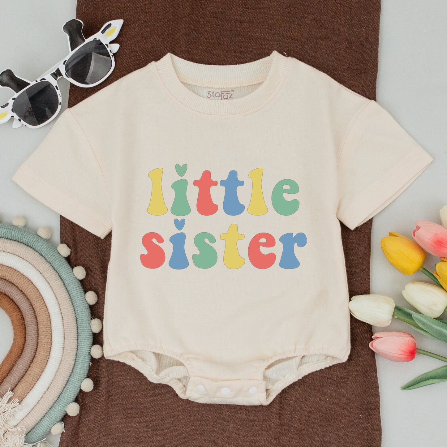 Colorful Retro Sibling Matching Outfits Big Brother Little Sister Baby Bodysuit Shirt Announcement Gift with Playful Hearts & Yellow Green Red Blue Text