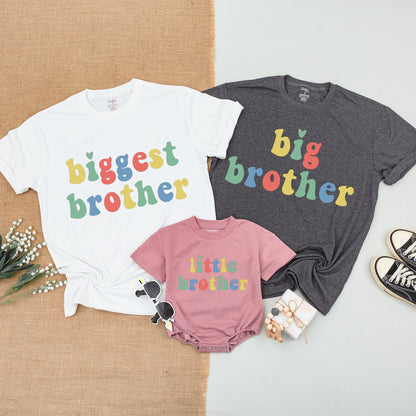 Colorful Retro Sibling Matching Outfits Big Brother Little Sister Baby Bodysuit Shirt Announcement Gift with Playful Hearts & Yellow Green Red Blue Text