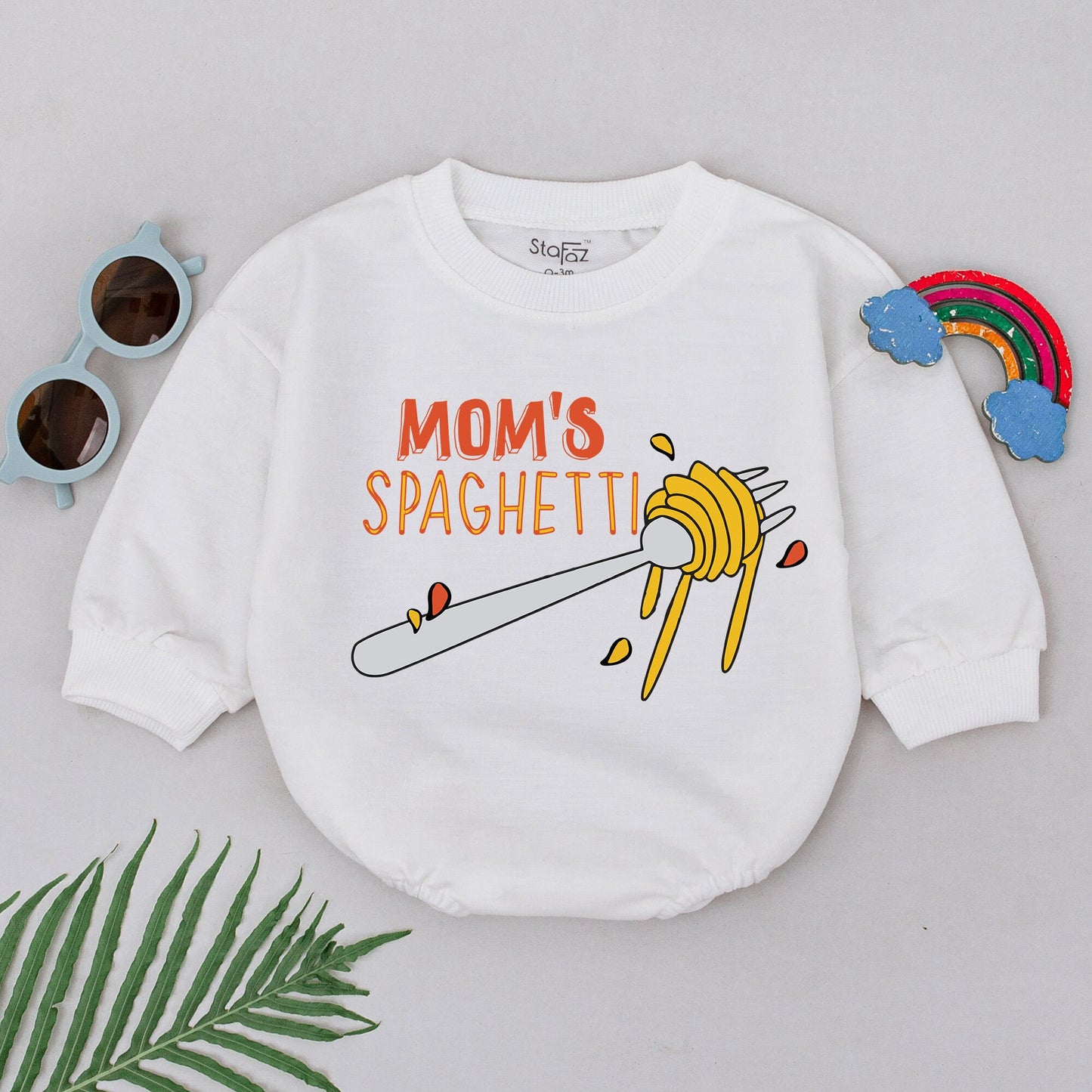 Mom's Spaghetti Baby Romper for Girls Cute Cartoon Italian Food Design Orange Fork Spaghetti Sauce Bodysuit Foodie Gift Newborn Shower Outfit