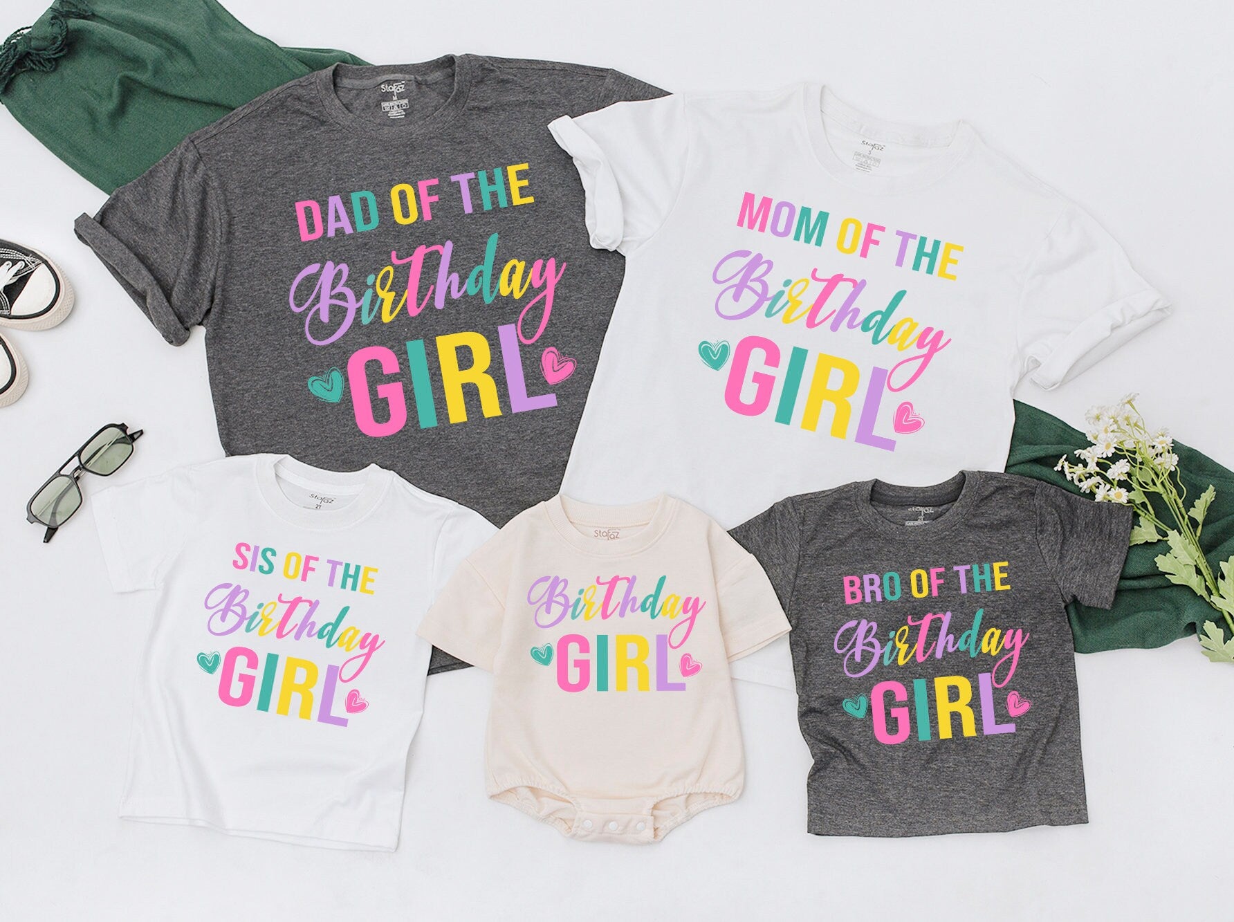 Colorful Birthday Girl Family Matching Shirts for Mom Dad and entire family sweet first birthday party celebration soft cotton comfortable